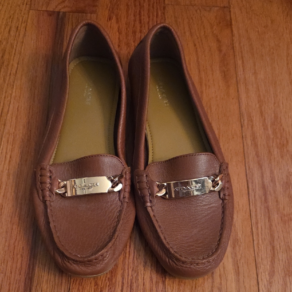 Coach Tan Leather Loafers with Gold Accents